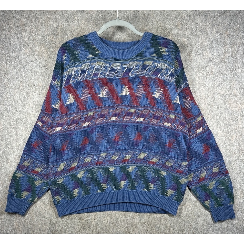 Vintage J.T. Beckett Sweater Mens M Blue Geometric Cotton Made USA Crewneck